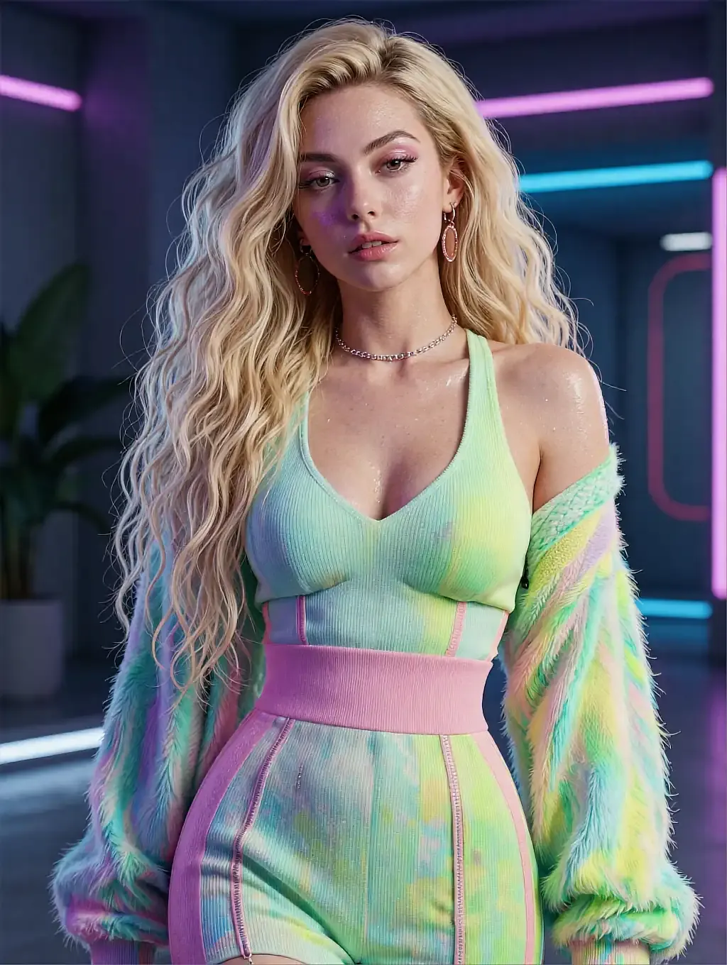 Blonde in a pastel tie-dye mint and pink outfit with a fuzzy cardigan in a neon room