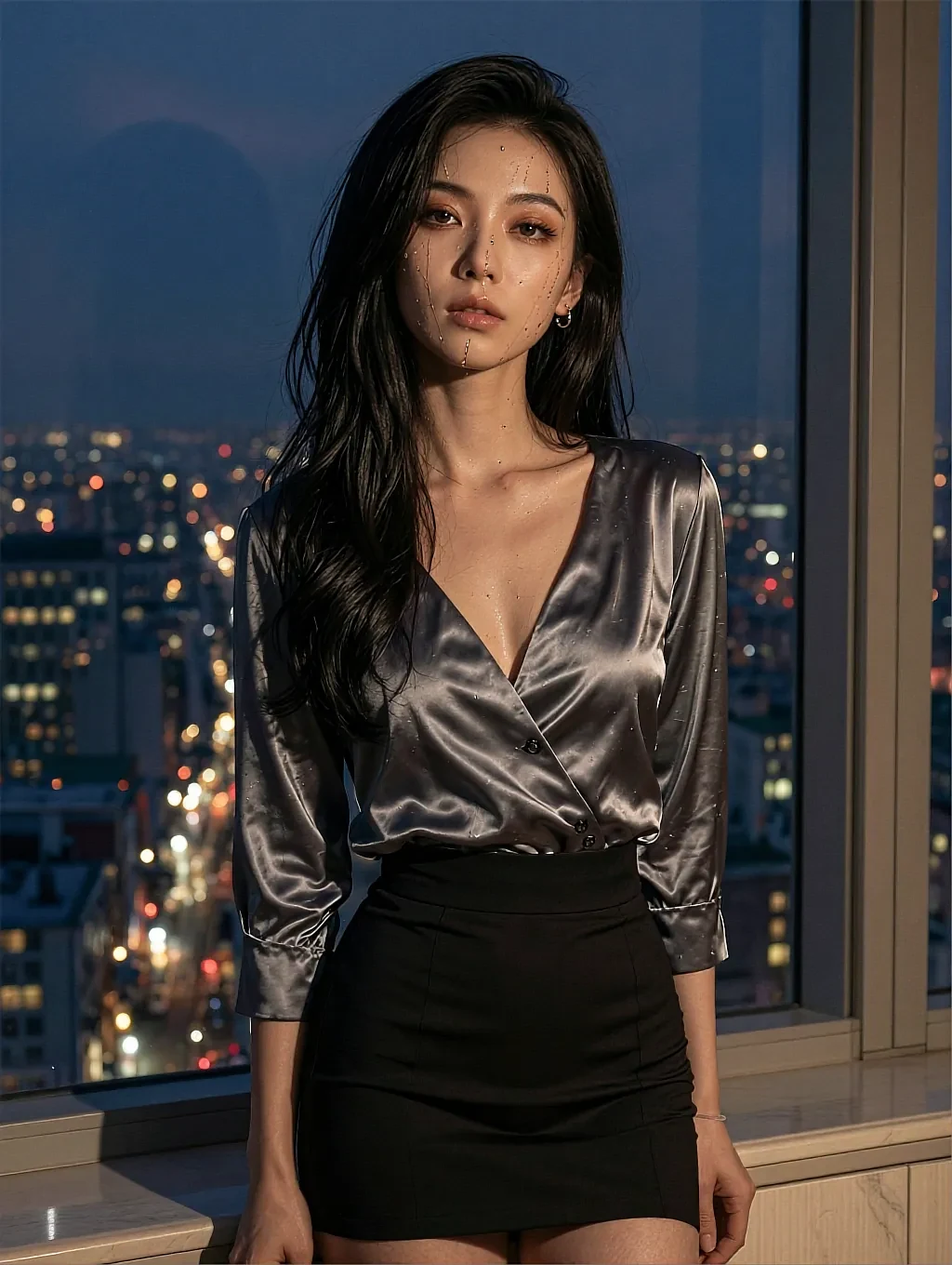 Dark-haired woman in a silver satin wrap blouse and black mini skirt by a night cityscape window